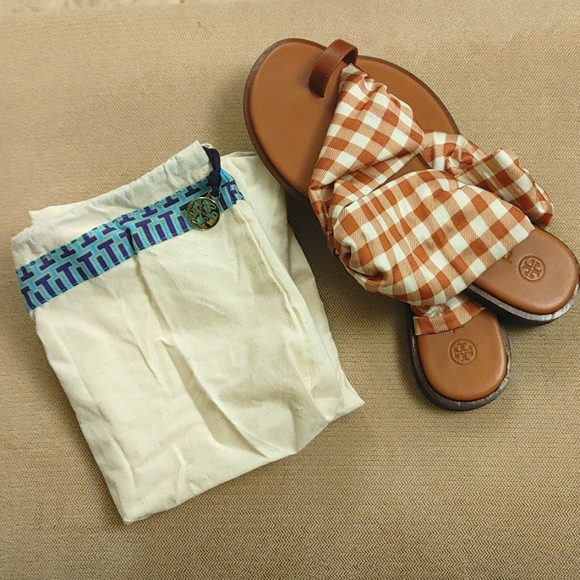 Tory Burch Women's Selby Scarf Sandals Gingham -Burnt 6 1/2 (New Never Worn!) - Picture 7 of 7